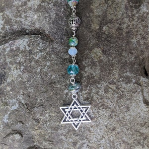 Star of David Car Charm: Seafoam Green Czech Glass, Judaism Amulet