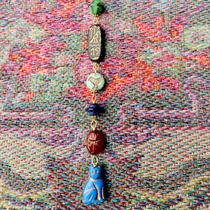 Egyptian Revival Cat Car Mirror Charm: Vintage Bead Travel Amulet