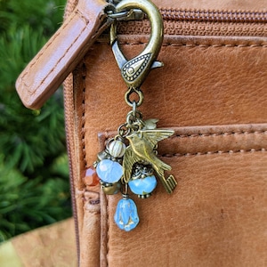 Antiqued Bronze Bird Charm: Blue Czech Glass Beaded Purse Bag Accessory