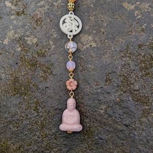 Vintage Buddha Car Charm: Pink Lucite Amulet with Czech Glass Beads