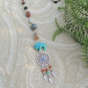 Southwest Dreamcatcher Car Charm: Buffalo Amulet, Czech Glass Beads