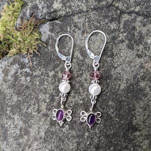 Pearl & Amethyst Sterling Silver Dangle Earrings: February Birthstone