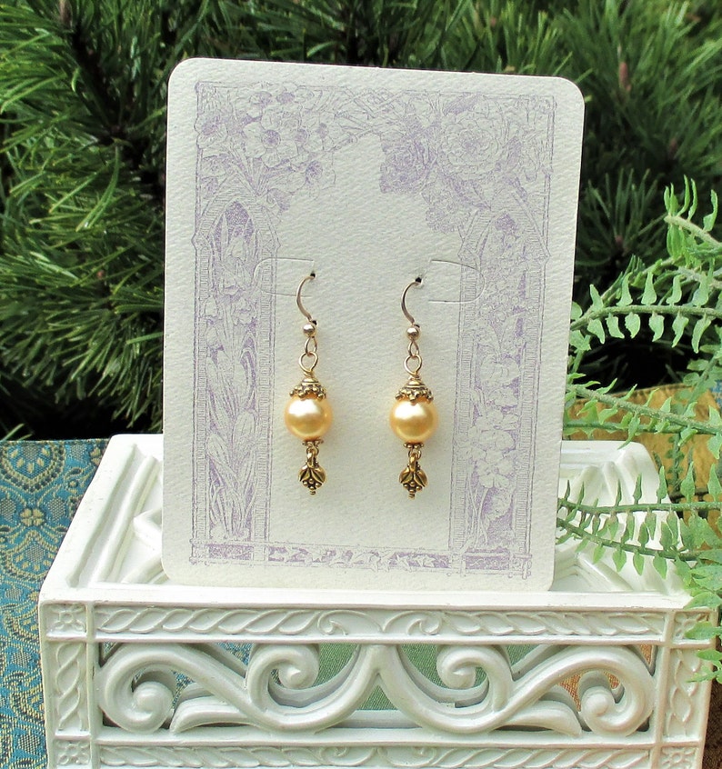 Shell Pearl Earrings Soft Yellow Downton Abby Style Earrings 10mm Pearl Gold Dangle Earrings Art Nouveau Yellow Pearl Gold Dangle Earrings