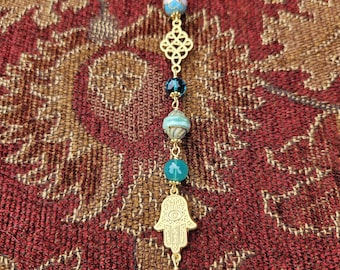 Gold Hamsa Evil Eye Car Charm: Aqua Blue Czech Cloisonne Glass Amulet