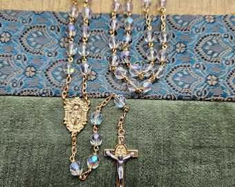 Crystal AB Czech Glass Rosary: Gold Miraculous Mary, St. Benedict Cross