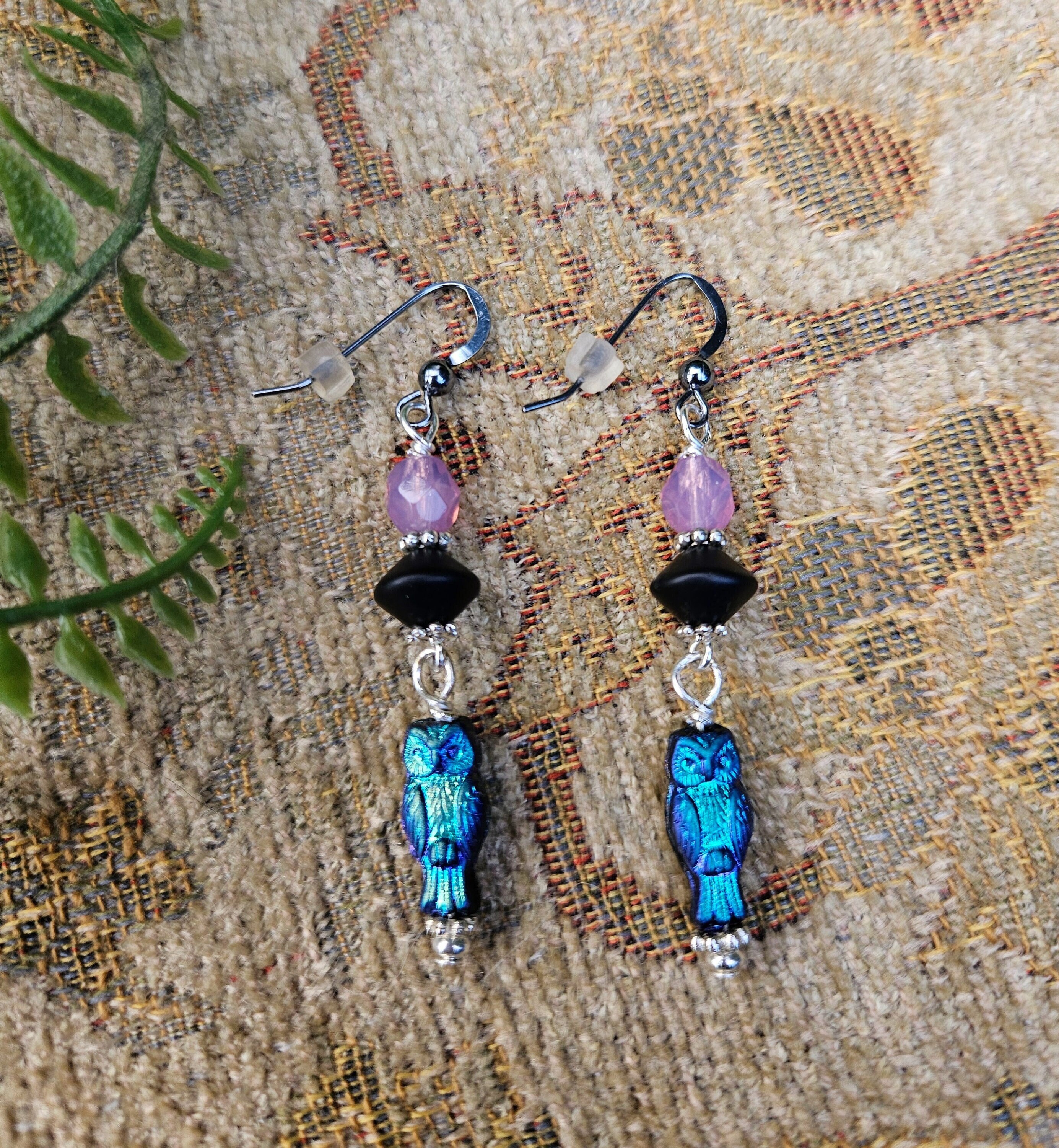 Beaded Owl Dangle Earrings: Czech Glass Bird Lover Jewelry
