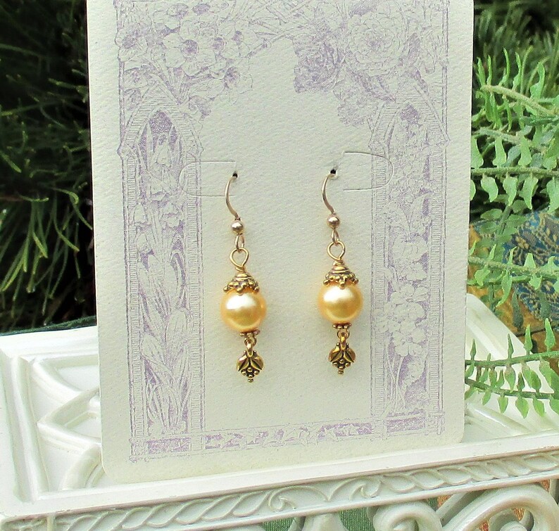 Shell Pearl Earrings Soft Yellow Downton Abby Style Earrings 10mm Pearl Gold Dangle Earrings Art Nouveau Yellow Pearl Gold Dangle Earrings