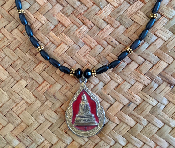 Vintage Thai Buddha Pendant Necklace: Black Horn & Gold Earrings Set