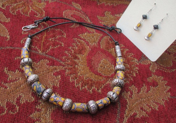 Vintage Millefiori Bead Necklace Earring Set: Hill Tribe Silver, African  Mosaic