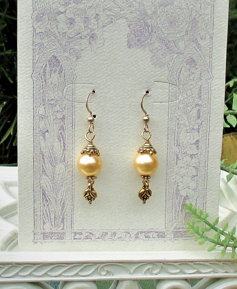 Shell Pearl Earrings Soft Yellow Downton Abby Style Earrings 10mm Pearl Gold Dangle Earrings Art Nouveau Yellow Pearl Gold Dangle Earrings