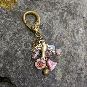 Antiqued Brass Bird Pink Beaded Purse Charm Gym Yoga Backpack Bag Charm Antiqued Bronze Handbag Bird Lover Beaded Pink Purse Backpack Charm