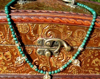 Malachite & Gold Beaded Necklace: Ethnic Tribal Jewelry