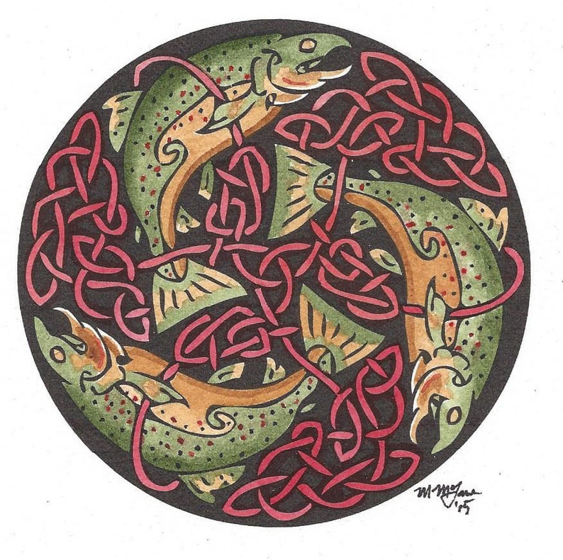 Original watercolor painting of a celtic knotwork design with Brown Trout. image 2