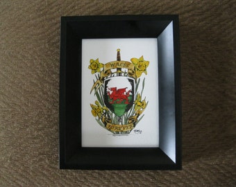 Original watercolor painting of a crest shield for Wales