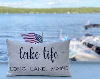 Personalized Lake House Pillow, Custom Lake Name Decor