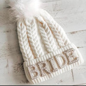 Bride Pearl Beanie Hat, winter bachelorette beanie, bachelorette ski hat, pom pom hat, bachelorette party gift