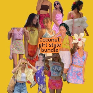 May include: A collage of various outfits in a coconut girl style. The outfits include crop tops, skirts, and dresses in bright colors and floral patterns. The text "Coconut girl style bundle" is displayed on the image.