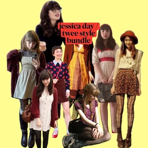 May include: A collage of various outfits in the 'twee' style, featuring dresses, skirts, sweaters, and cardigans. The outfits are in a variety of colors and patterns, with a focus on vintage and retro aesthetics. Text in the image reads: "jessica day / twee style bundle."
