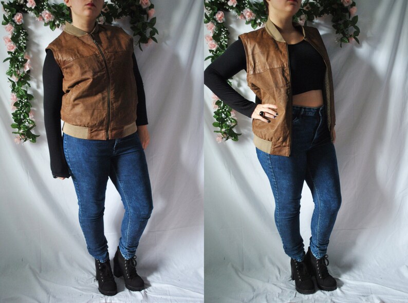 Vintage 80s Genuine Leather Vest Brown Biker Vest Leather Boho Vest Warm Winter Vest Sleeveless Vest Cowboy Leather Vest 80s Western Vest