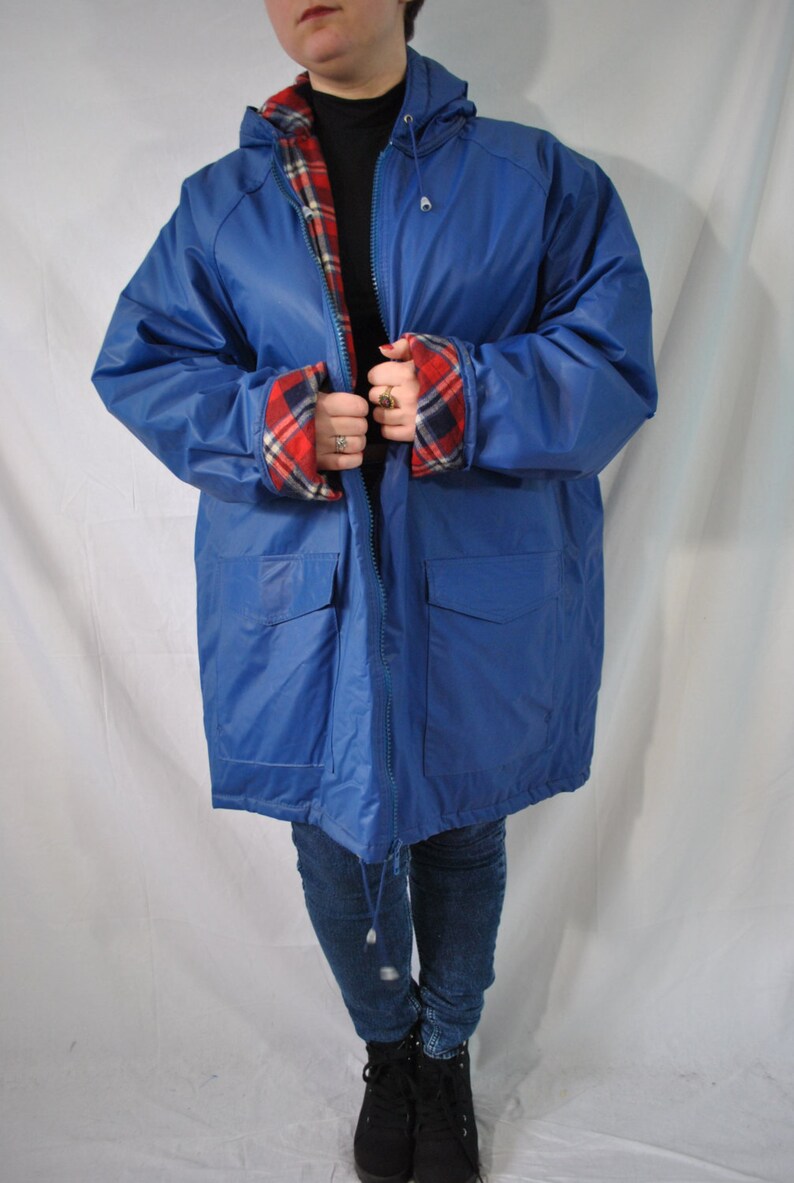 Vintage 90s Blue Hooded Rain Slicker Coat Over Sized Winter | Etsy