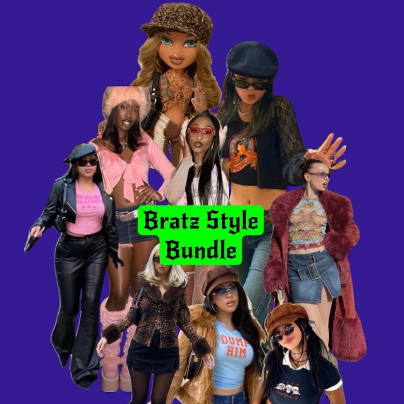 Puede incluir: Un collage de im&aacute;genes que presenta varios atuendos y una mu&ntilde;eca Bratz, todos con un estilo Y2K. Los atuendos incluyen tops cortos, chaquetas de cuero, minifaldas y accesorios como gafas de sol y sombreros. El texto "Bratz Style Bundle" se muestra en un cuadro verde.