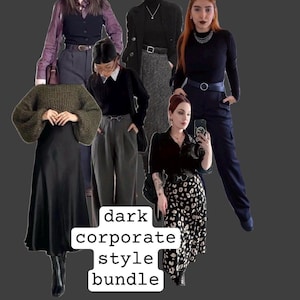 May include: A collection of dark-toned corporate style outfits. The image features various ensembles, including skirts, pants, sweaters, and blouses in shades of black, gray, and olive green. The outfits are accessorized with belts and jewelry. Text on the image reads "dark corporate style bundle."