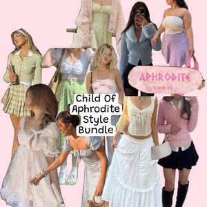 May include: A collage of various outfits in a soft, feminine aesthetic. The image features a variety of clothing items, including dresses, skirts, sweaters, and accessories. The text "Child Of Aphrodite Style Bundle" is displayed in the center.