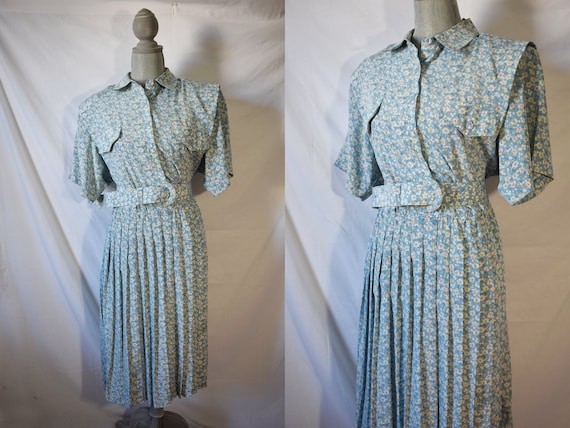 Vintage 80s Does 40s Floral Shirtwaist Day Dress G