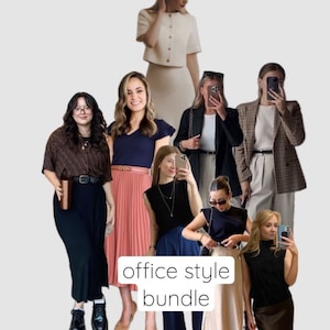 May include: A collection of women's office attire, featuring various outfits. The image includes a cream-colored skirt suit, a navy top with a pleated coral skirt, and a black blazer with white pants. The text "office style bundle" is displayed.