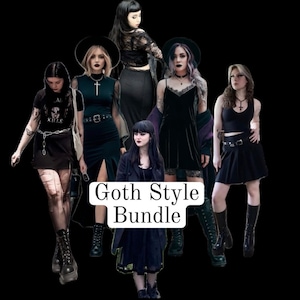 May include: A collection of various black Goth style outfits, including dresses, skirts, tops, and accessories. The image features multiple individuals showcasing different ensembles, with the text "Goth Style Bundle" overlaid on the image.