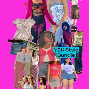 May include: A collage of Y2K style clothing items on a pink background. The items include a pink cardigan, butterfly top, low-rise jeans, skirts, and crop tops. The text "Y2K Style Bundle" is visible.