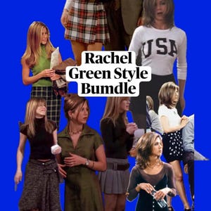 May include: A collage of images featuring outfits inspired by the character Rachel Green from the TV show Friends. The outfits include skirts, tops, and dresses in various colors and patterns. Text on the image reads "Rachel Green Style Bundle."