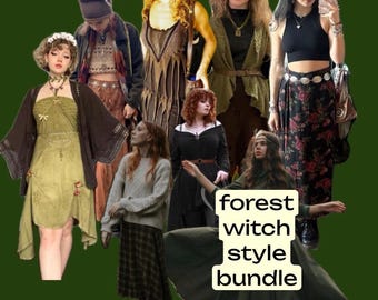 May include: A collage of various outfits in the forest witch style. The outfits include dresses, skirts, tops, and accessories in earthy tones. The image includes the text "forest witch style bundle".