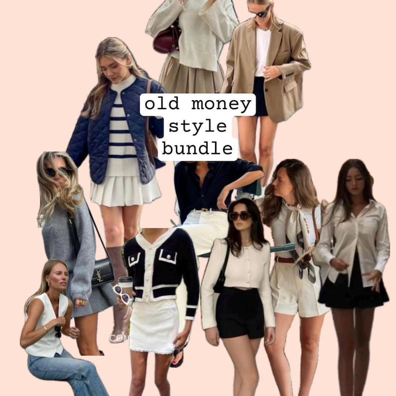 May include: A collage of various outfits in the 'old money' style. The image features a variety of clothing items, including jackets, skirts, and shirts, in neutral colors. The text "old money style bundle" is displayed in a white box.
