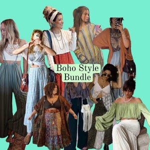 May include: A collection of women's boho style clothing items, including tops, skirts, and pants, are displayed against a teal background. The text "Boho Style Bundle" is visible. The outfits feature a variety of colors and patterns, showcasing a bohemian aesthetic.
