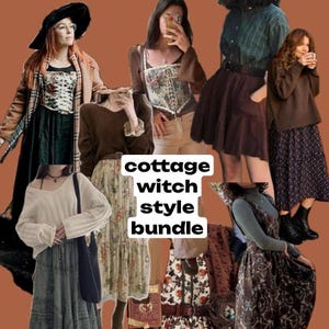 K&ouml;nnte beinhalten: Eine Collage von Outfits im Cottage-Hexen-Stil. Das Bild zeigt verschiedene Ensembles mit R&ouml;cken, Korsetts, Pullovern und Kleidern in Erdt&ouml;nen. Der Text "cottage witch style bundle" ist auf dem Bild &uuml;berlagert.