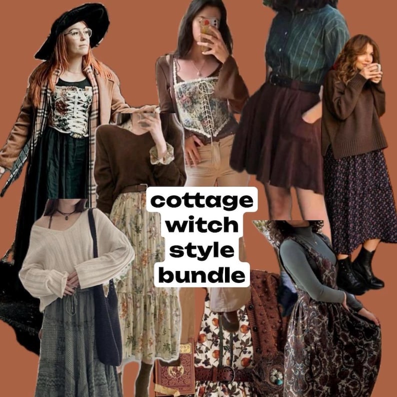 K&ouml;nnte beinhalten: Eine Collage von Outfits im Cottage-Hexen-Stil. Das Bild zeigt verschiedene Ensembles mit R&ouml;cken, Korsetts, Pullovern und Kleidern in Erdt&ouml;nen. Der Text "cottage witch style bundle" ist auf dem Bild &uuml;berlagert.