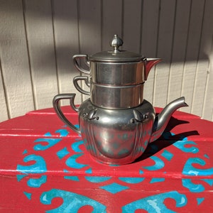 Vintage Child&#39;s Pewter Stackable Teapot, Sugar, and Creamer