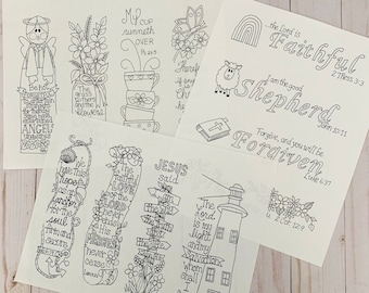 May include: Black and white printable coloring pages featuring Christian themed illustrations and bible verses. The pages include images of a lighthouse, a shepherd, a cup, a flower, and an angel. The verses include "The Lord is Faithful", "I am the good Shepherd", "My cup runneth over", "We have this hope as an anchor for the soul", and "Be hot to enter in".