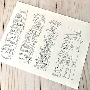 May include: Black and white printable colouring page featuring three different religious quotes. The first quote is "We have this hope as an anchor for the soul, firm and secure" with a drawing of an anchor. The second quote is "The faithful love of the Lord never ends, His mercies never cease" with a drawing of a flower. The third quote is "Jesus said, I am the way, the truth and the life" with a drawing of a signpost. The last quote is "The Lord is my light and my salvation, whom shall I fear?" with a drawing of a lighthouse.