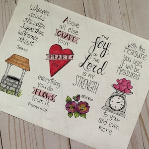 May include: A hand-drawn illustration with inspirational quotes and bible verses. The image features a well, a heart, a flower, a scale, and a heart-shaped scale weight. The text includes "Whoever drinks the water I give them will never thirst John 4:11", "Above all else guard your heart for everything you do flows from it. Proverbs 4:23", "The joy of the Lord is my strength Neh 8:10", and "With the measure you use, it will be measured Mark 4:24".