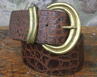 Vintage Belt Brown Leather Band with Heavy Faux Pearl Gold Metal Buckle SM