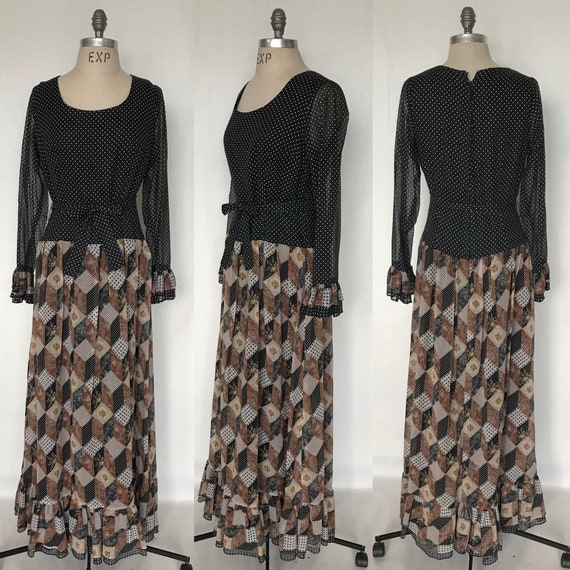 Vintage 70s Miss Elliette Black & Brown Patchwork… - image 1