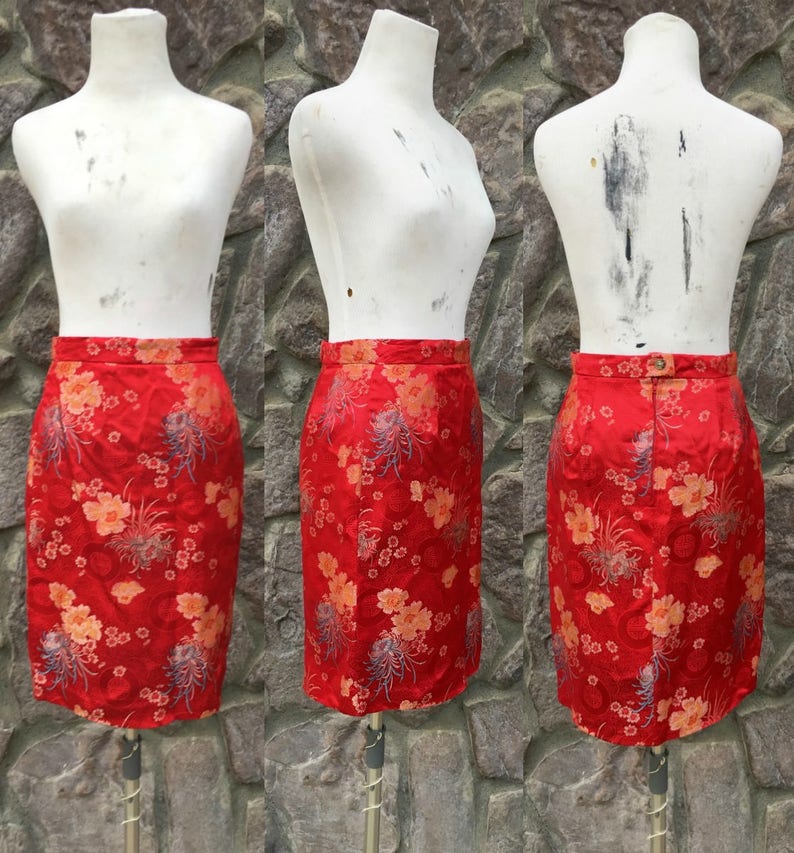 Vintage Ports International,1980s Red Brocade Skirt,1990s Red and Gold Brocade Skirt,1980s Formal Skirt,1990s Evening Skirt