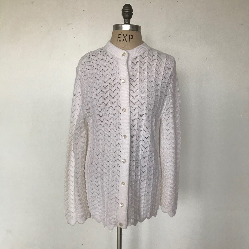 Vintage 70s Parkway Knits White Knit Long Cardigan Acrylic Made in the USA Women/'s Size Medium Free US Shipping