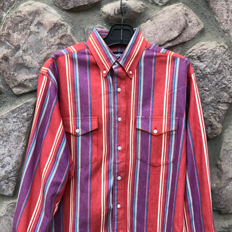 Vintage 80s Wrangler Purple & Red Striped Cowboy Western Style Button ...