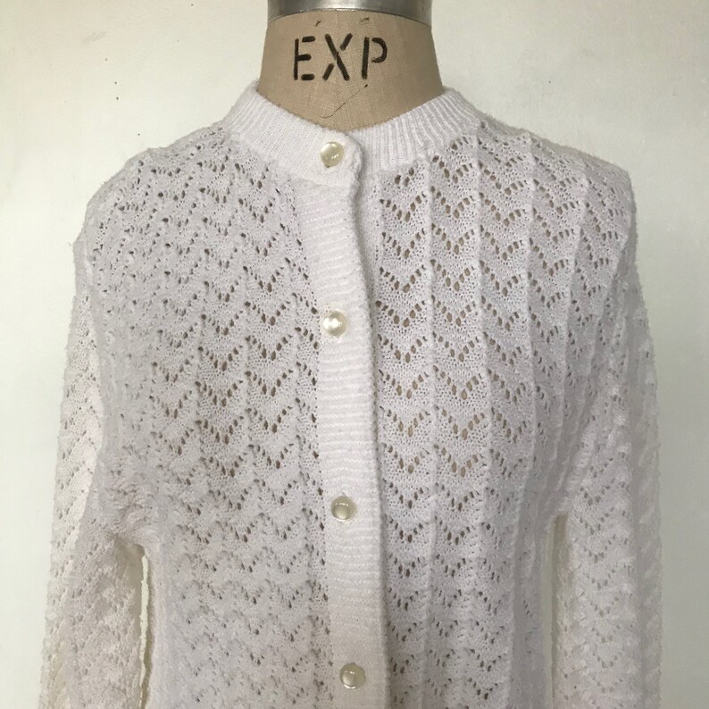 Vintage 70s Parkway Knits White Knit Long Cardigan Acrylic Made in the USA Women/'s Size Medium Free US Shipping