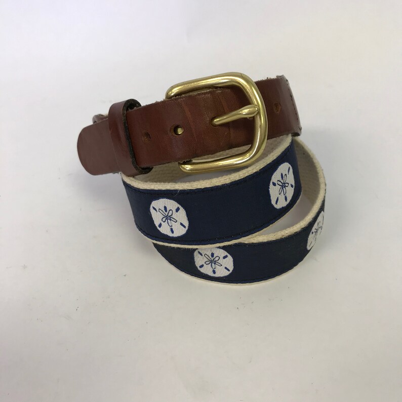 Vintage 80s Leather Man Ltd Woven Fabric /& Leather Sand Dollar Belt Brass Buckle Unisex Size 36 Waist Free US Shipping