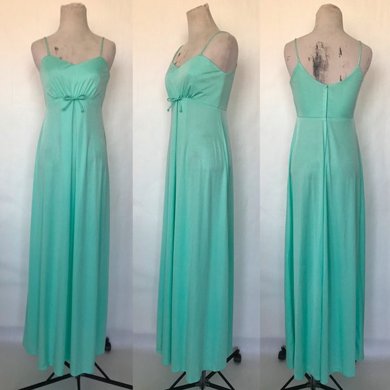 Vintage 70s Mint Green Polyester Long Maxi Dress … - image 1
