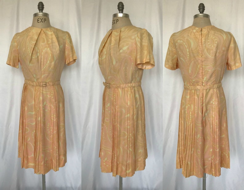 Vintage 50s-60s Handmade Pink Paisley Knee Length Dress Pleated Skirt Women/'s Size Medium Free US Shipping